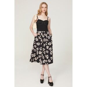 Marina Moscone Smocked Bustier Midi Dress Black Cream Floral Full Skirt 6